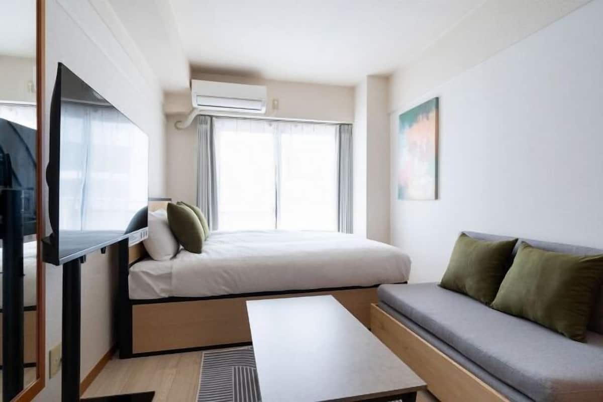 A compact room with a bed, a sofa, a flat-screen TV, and an air conditioning unit.