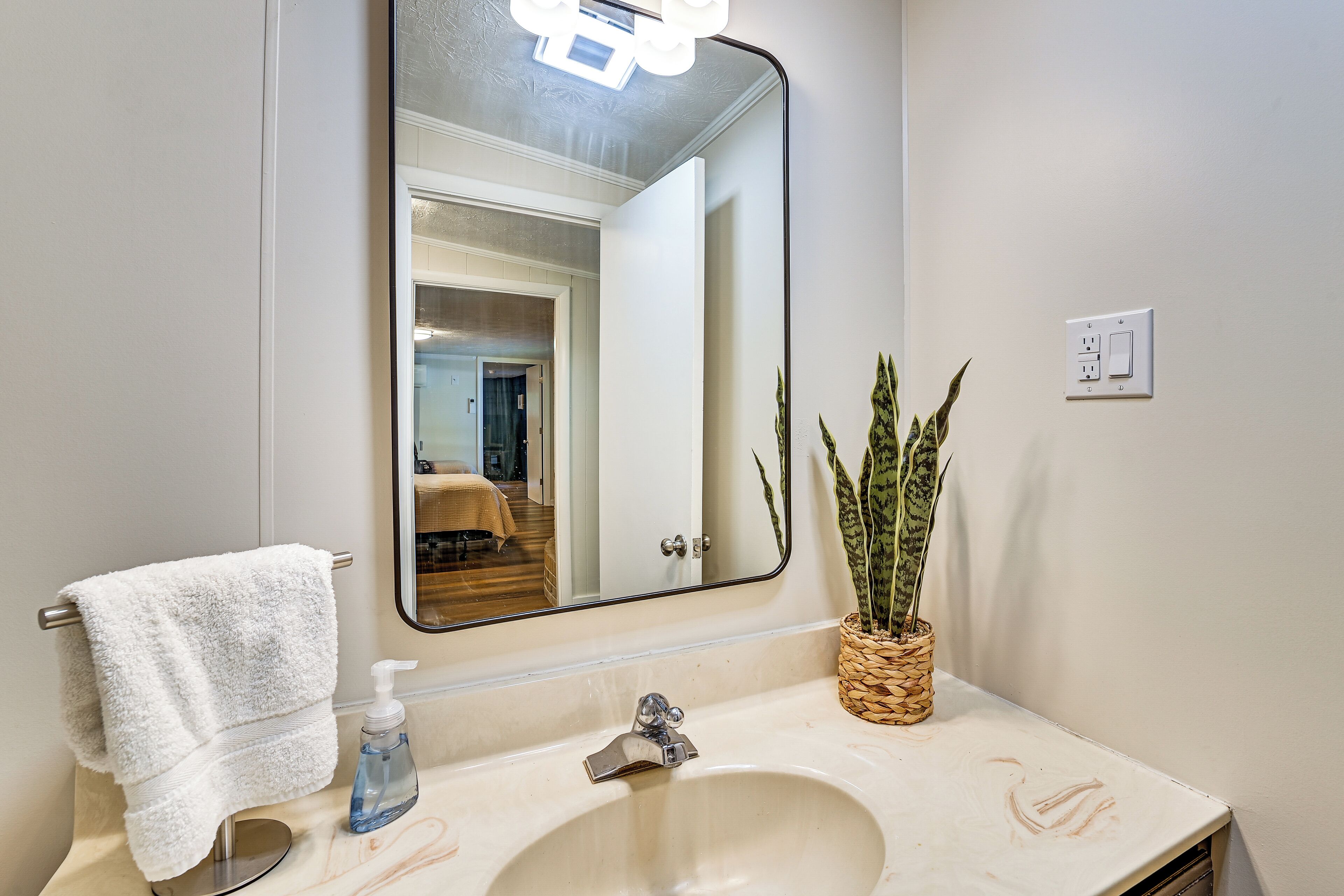 Un baño con un lavamanos blanco, un espejo, toallero, una planta en maceta y una puerta visible que da a otra habitación.