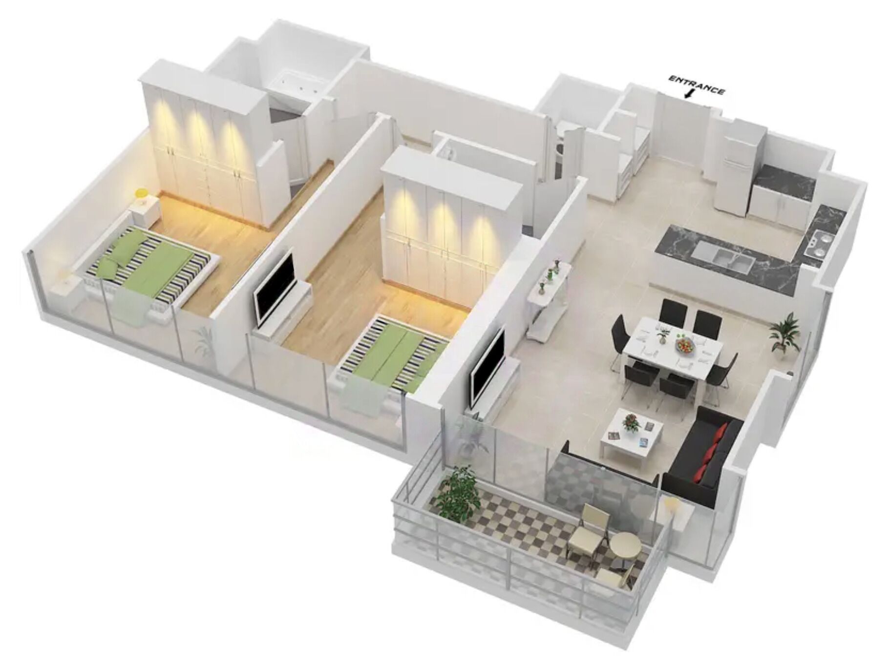 Un appartement moderne comprenant deux chambres, un salon, une salle à manger et un balcon.