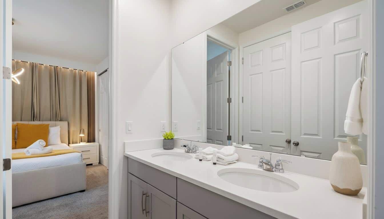 A modern hotel room with a large bed, two white sinks, a mirror, and a door.