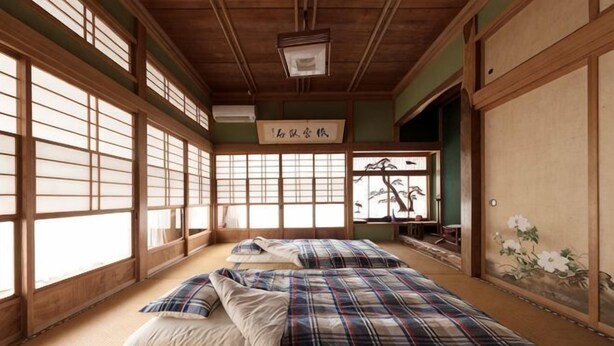 Una habitación japonesa tradicional con suelo de tatami, futón, puertas correderas y biombos de papel.
