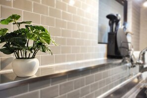 Une plante en pot posée sur un plan de travail de cuisine, avec un mur recouvert de carreaux derrière.