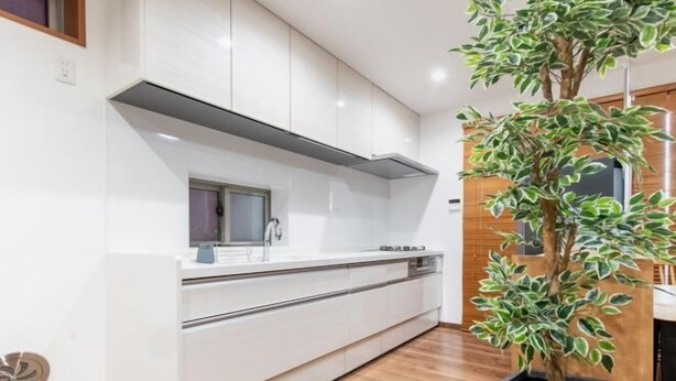 A modern kitchen with white cabinetry, a built-in oven, and a potted plant. - Residential Voyan Minamisunacho (Tokyo)