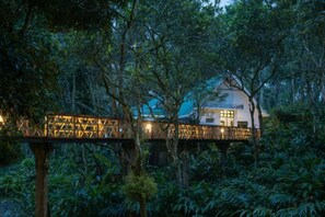 A treehouse with a wooden deck and railing, surrounded by dense foliage. - Reen Resorts Aanavilasam Plantation Thekkady (Thekkady)