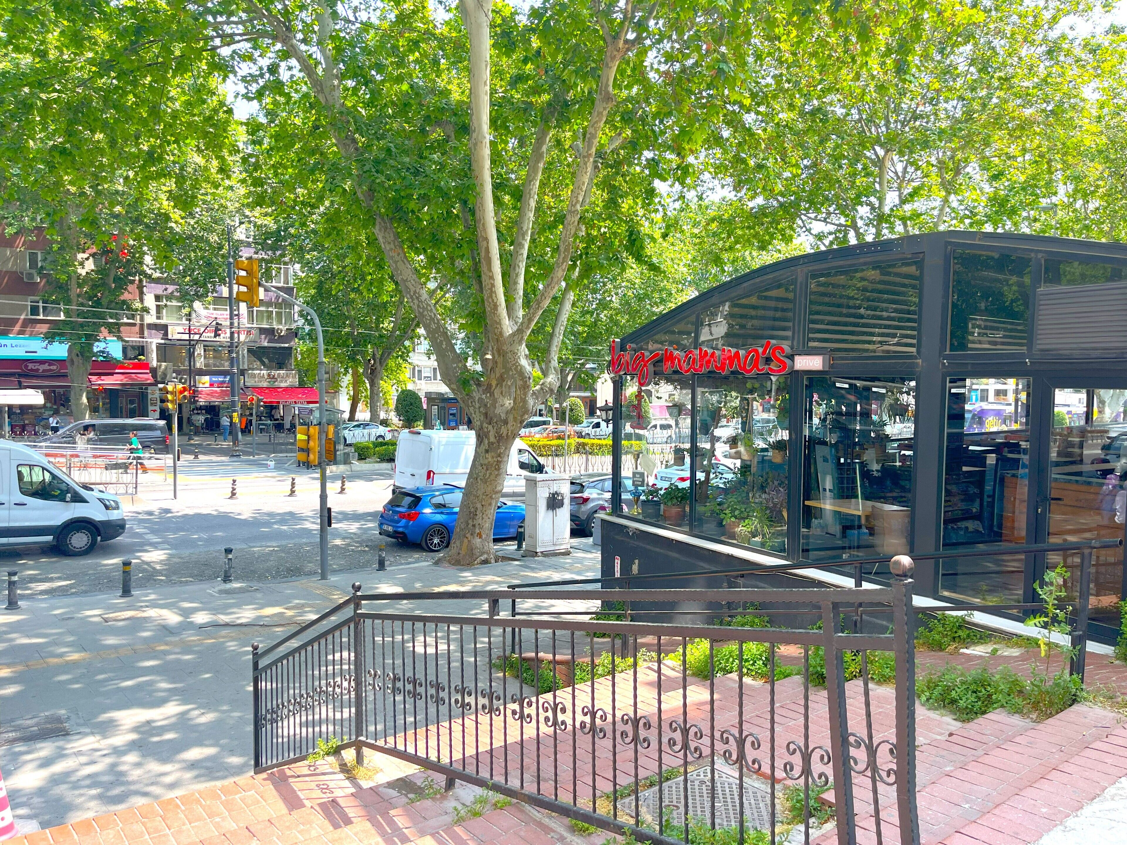 A street view with a glass-fronted building labeled "big mama's" and a metal fence in the foreground.