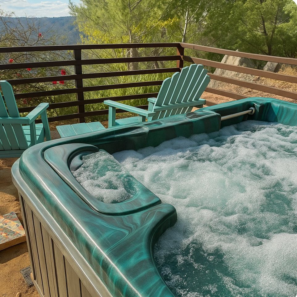 A hot tub with a wooden deck, surrounded by Adirondack chairs, set against a backdrop of trees and mountains.