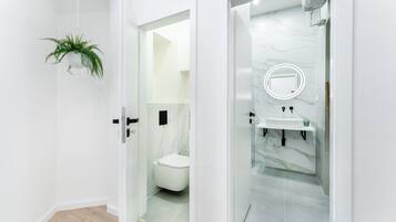 Hair dryer, towels, soap, toilet paper