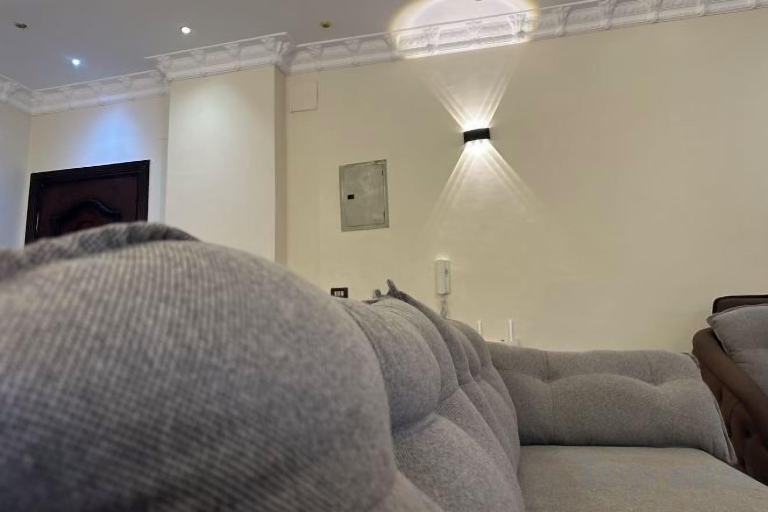 A room with a grey sofa, a wall-mounted light fixture, and a door.