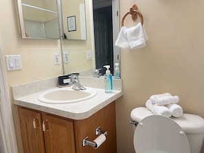 A bathroom with a sink, mirror, toilet, and towel rack.