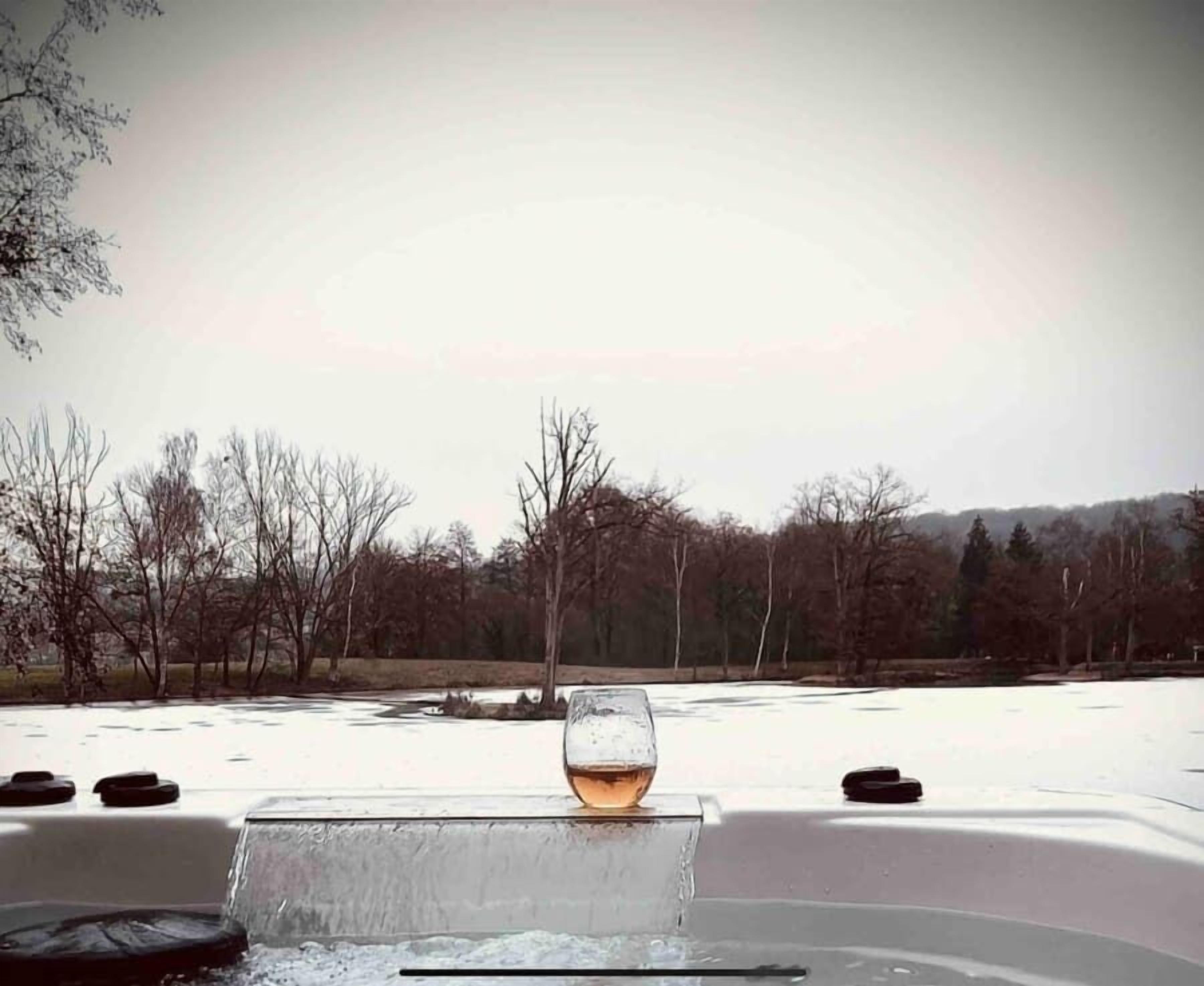 Un verre de whisky posé sur le comptoir d’un bar, avec en toile de fond un paysage enneigé et des arbres sans feuilles.
