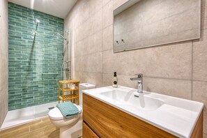 Shower, hair dryer, towels, soap