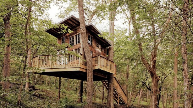Uma casa na árvore com deck de madeira e escadas, rodeada por uma floresta.
