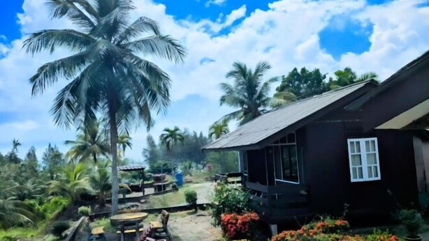 A black building with a white window, surrounded by lush greenery and palm trees. - Marang Guesthouse Resort (Rusila)