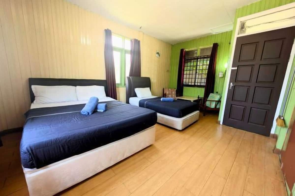 A hotel room with two beds, a wooden floor, a green wall, and a door.