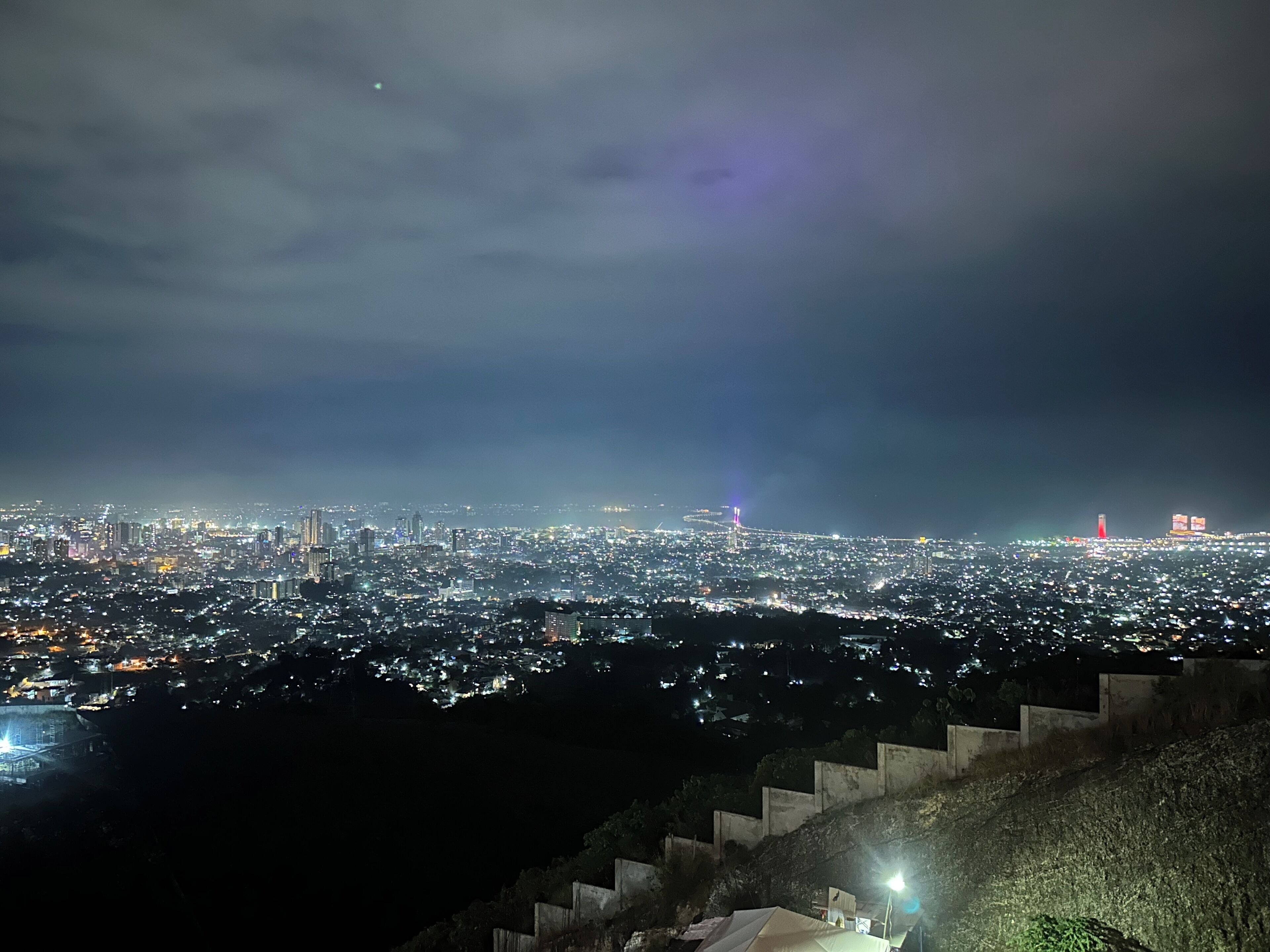 Un paisaje urbano nocturno con vistas a la ciudad desde un lugar elevado.