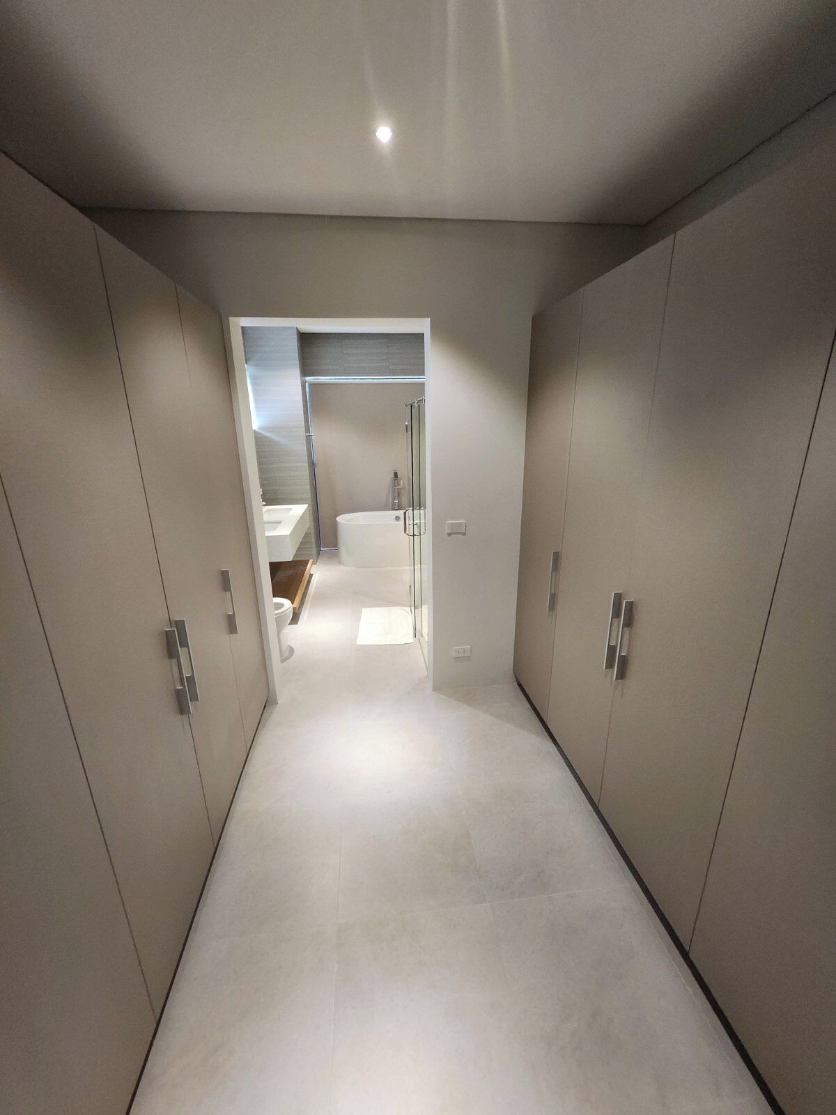 A modern hallway with a shower area, a toilet, and a sink.