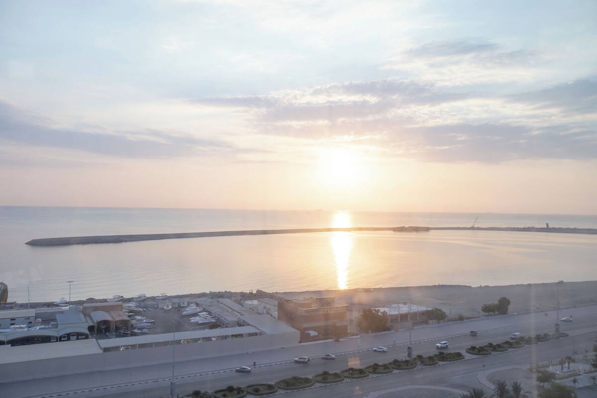 An aerial view of a coastal area with a marina, buildings, and a road leading to the water.