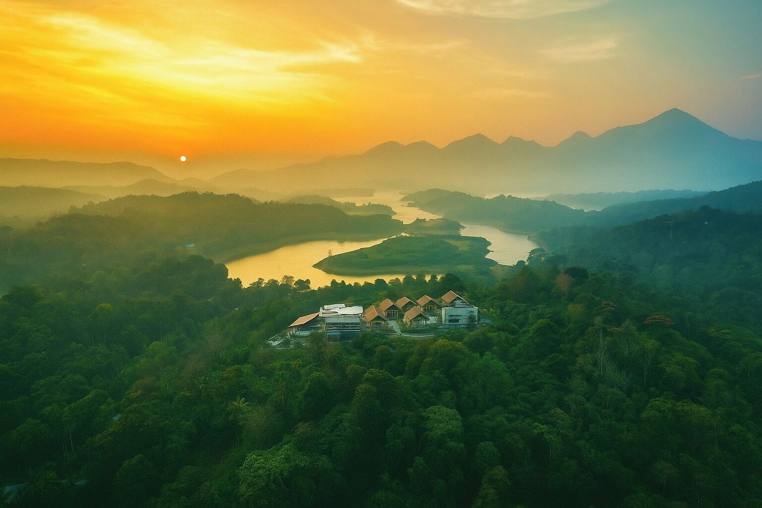 A resort with multiple buildings surrounded by lush greenery and a river.