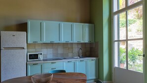 A kitchen with teal cabinets, a microwave, and a sink. There's a wooden table with a woven bowl.