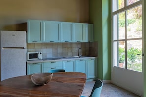 Fridge, toaster, high chair, cookware/dishes/utensils