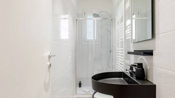 Shower, hair dryer, bidet, towels