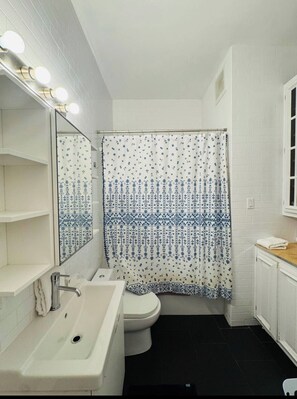 Hair dryer, towels, soap, toilet paper