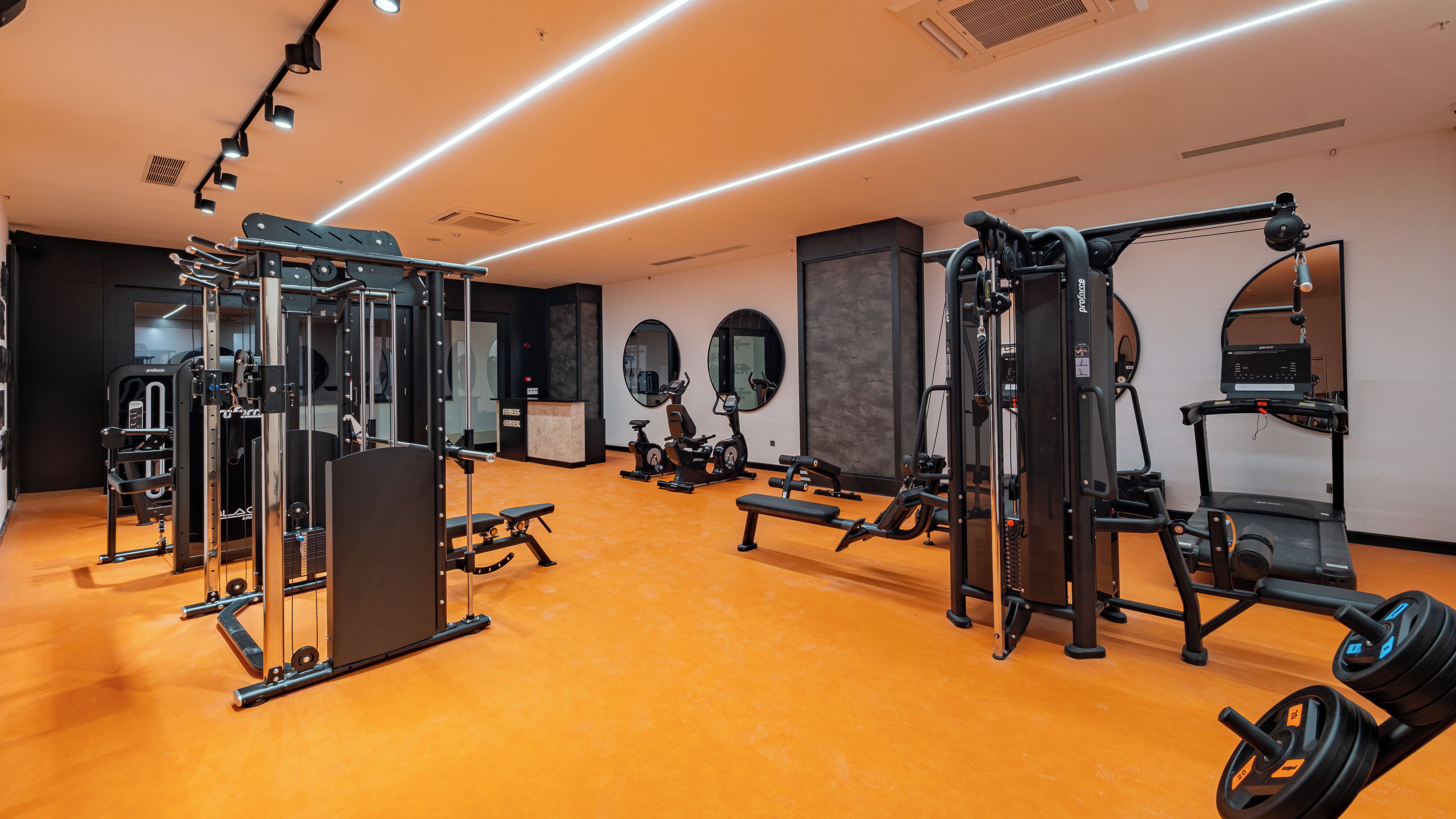 A gym with various exercise equipment, including a squat rack, bench press, and elliptical machines.