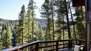 A wooden deck with a railing overlooking a forested area. - Cloudcroft Hideaway - No Neighbors, Just Nature! Modern Cabin Vibe and SAUNA! (Cloudcroft)