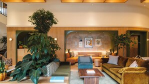 A modern living room with a sofa, coffee table, and large potted plants. - The Eades Laura Perryman 1 Bed (London)