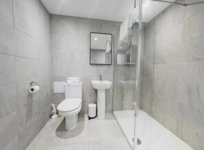 Douche, sèche-cheveux, serviettes fournies, savon