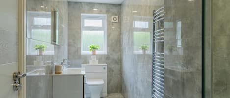 Hair dryer, towels, soap, toilet paper