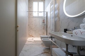 Shower, hair dryer, bidet, towels