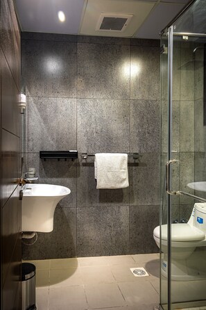 Studio | Salle de bain | Douche, articles de toilette de luxe, sèche-cheveux, chaussons