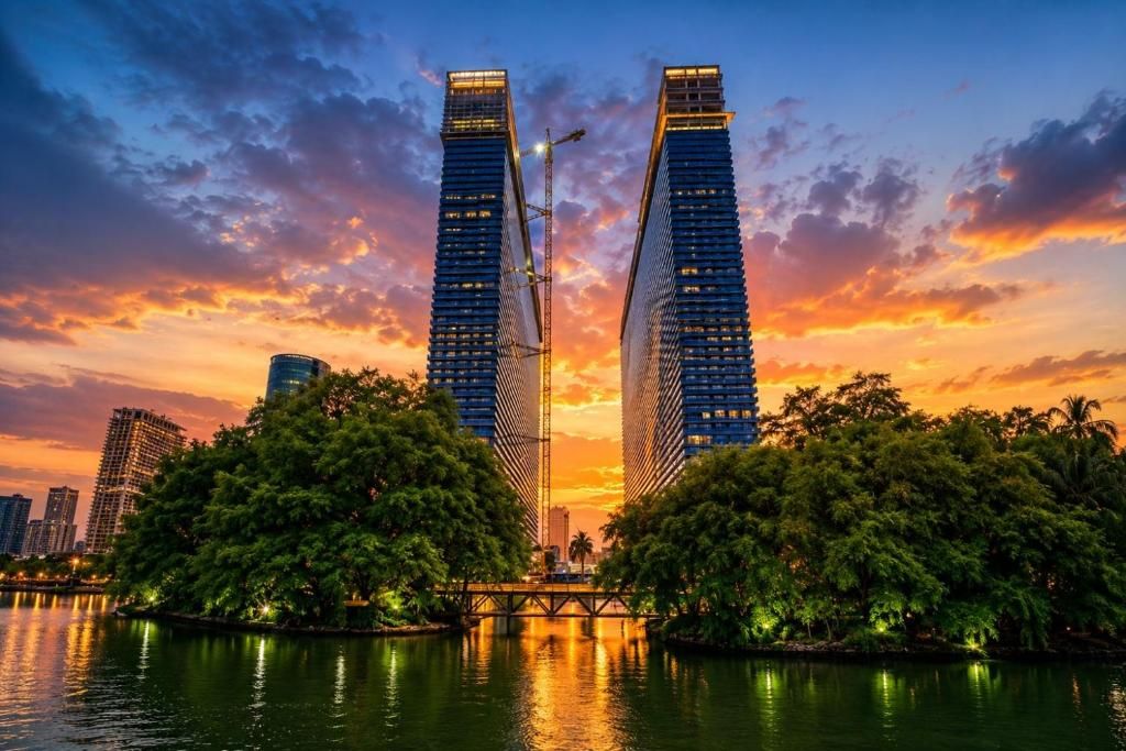 A cityscape with two prominent skyscrapers, a body of water, and surrounding greenery.