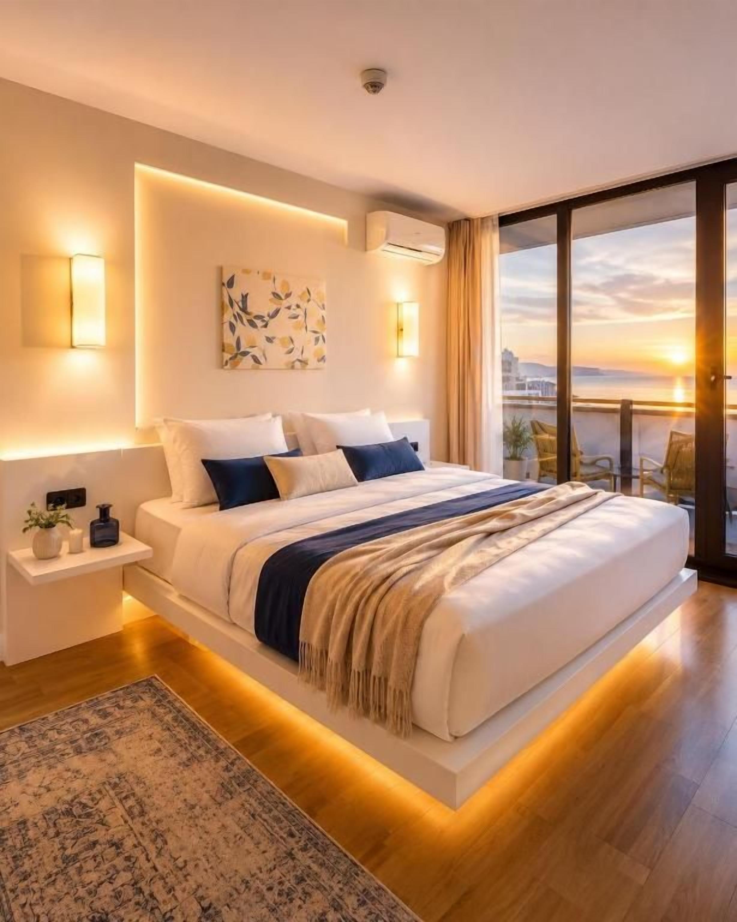 Une chambre moderne avec un grand lit, des lampes de chevet, une table de nuit et une vue sur la ville au coucher du soleil.