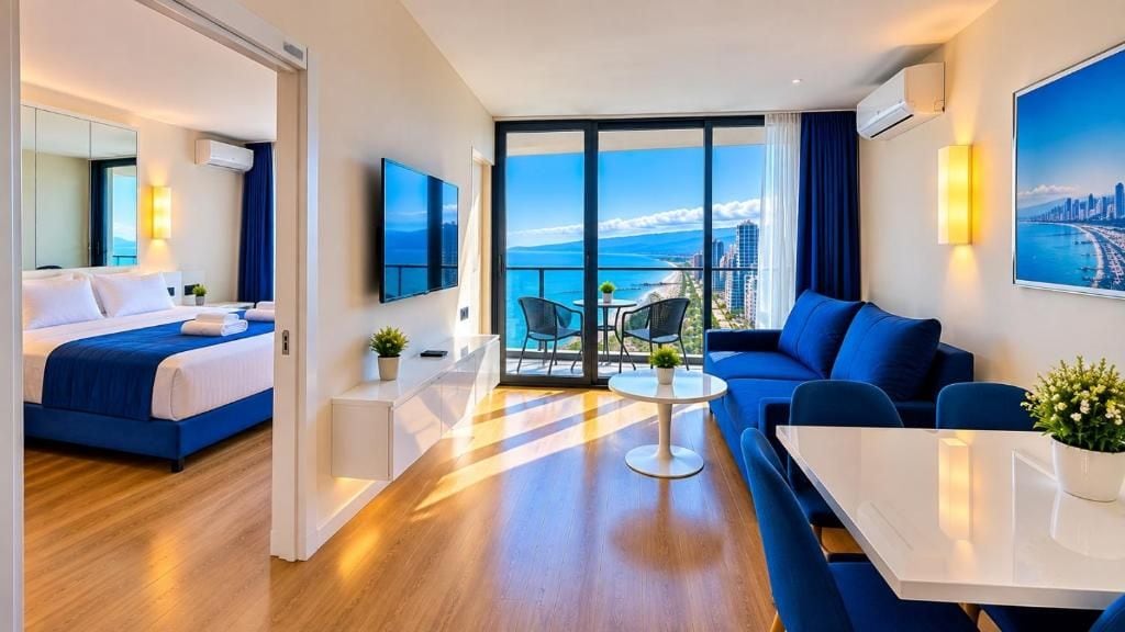 Ein Hotelzimmer mit Bett, Sofa, Esstisch und Balkon mit Blick auf die Stadt.