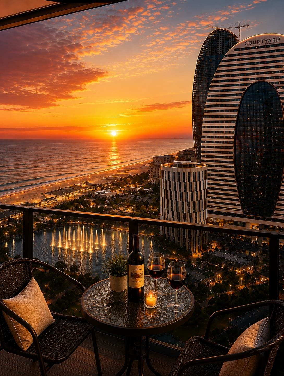 Vista del atardecer desde un balcón con una mesa, sillas, una botella de vino y copas.