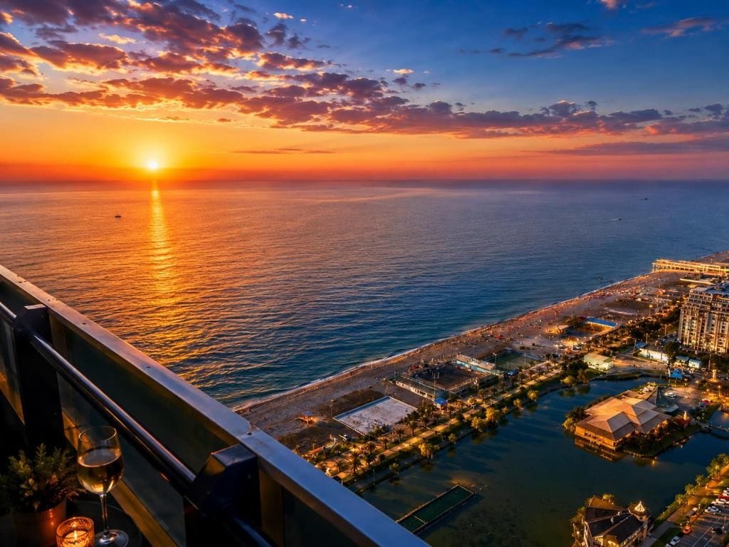 A sunset view from a balcony overlooking a beach and a resort area with buildings and water.