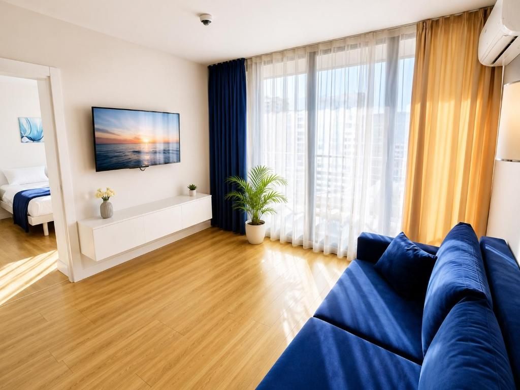 Un salon moderne avec un canapé bleu, un téléviseur à écran plat fixé au mur, une plante en pot et une vue sur la ville grâce à de grandes fenêtres.