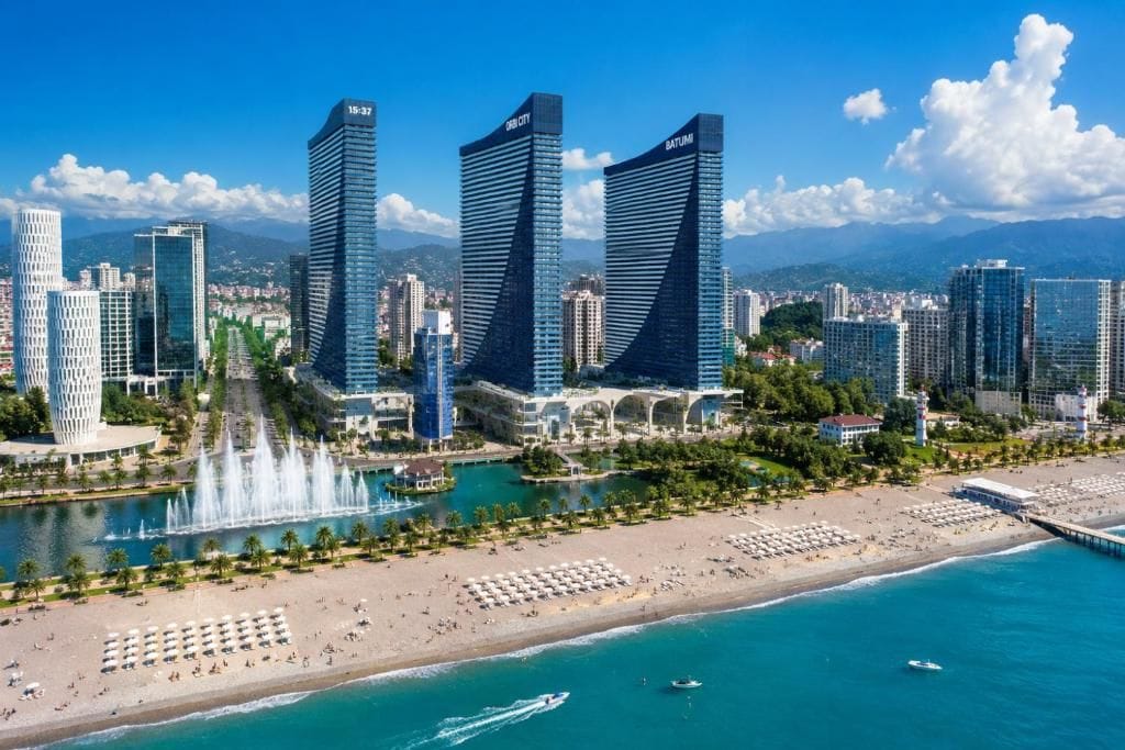 Un paysage urbain côtier avec des immeubles modernes de grande hauteur, une plage avec des transats et un ciel bleu dégagé.