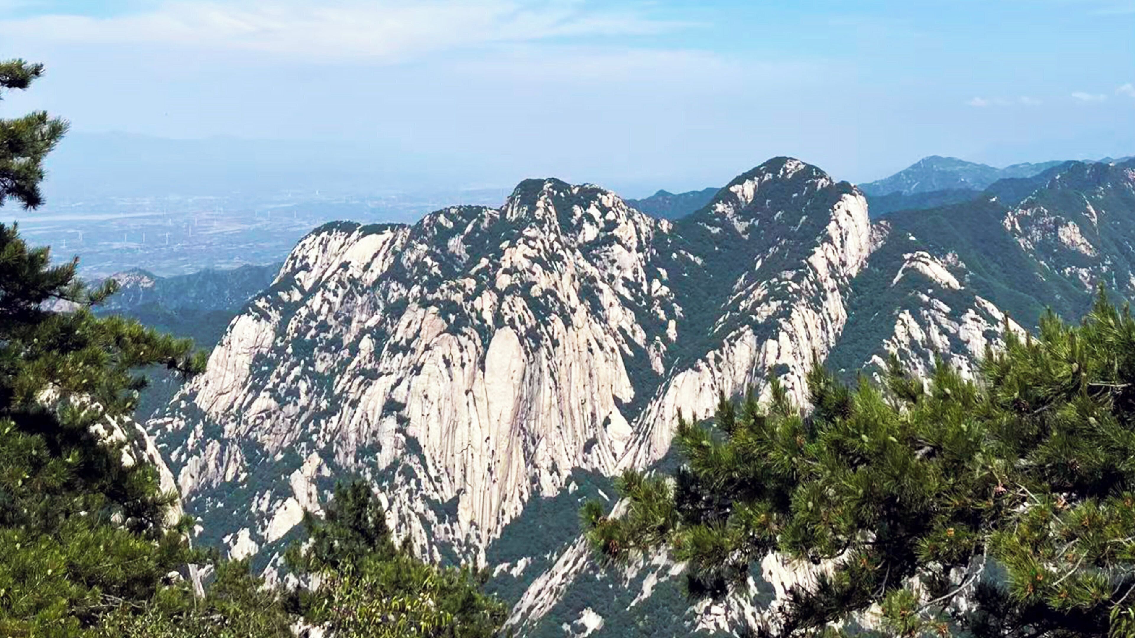 Eine gebirgige Landschaft mit schroffen Gipfeln und dichten Kiefernwäldern.