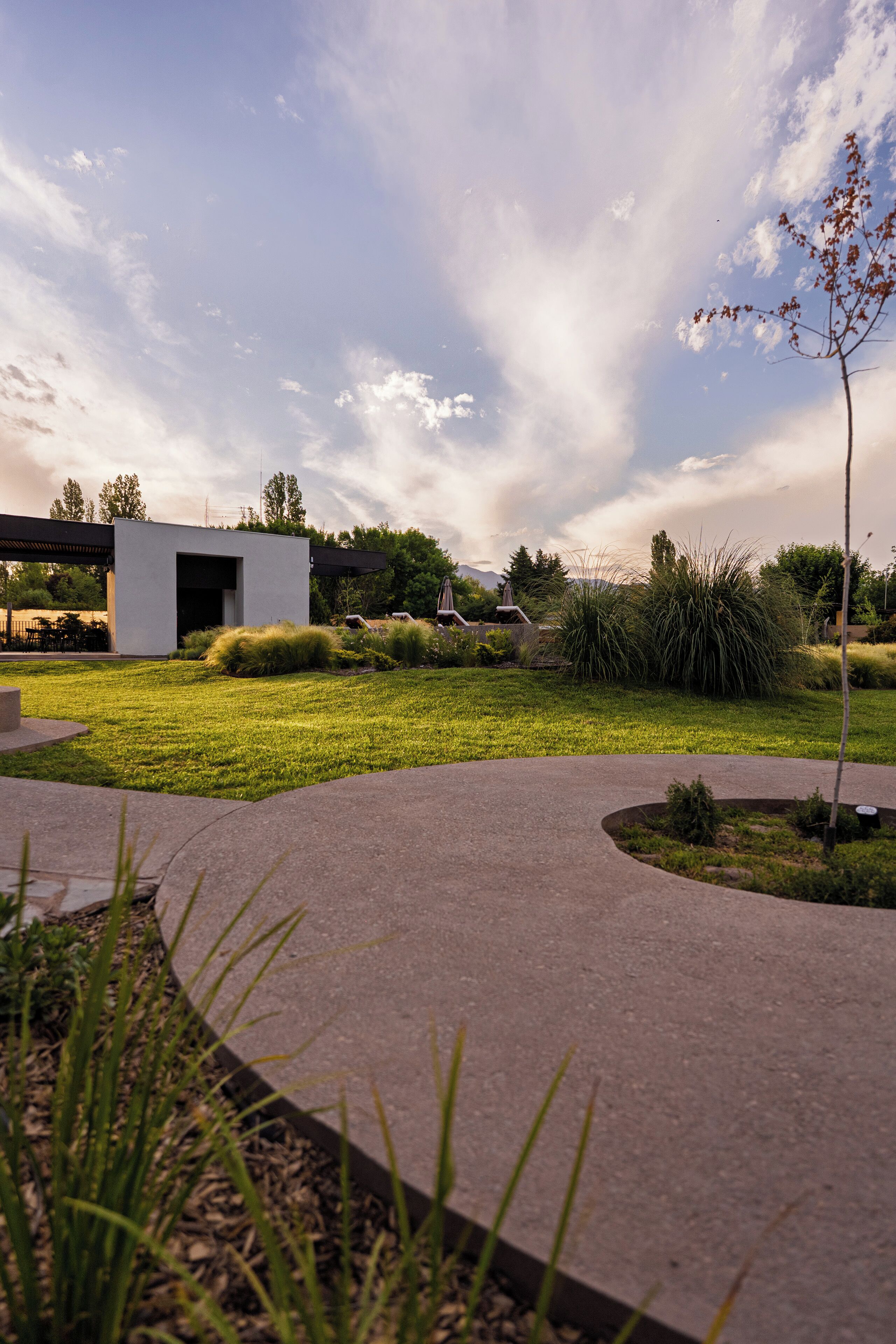A modern building with a flat roof, a paved courtyard, and surrounding greenery.