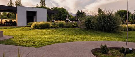 A modern building with a flat roof, a paved courtyard, and surrounding greenery.