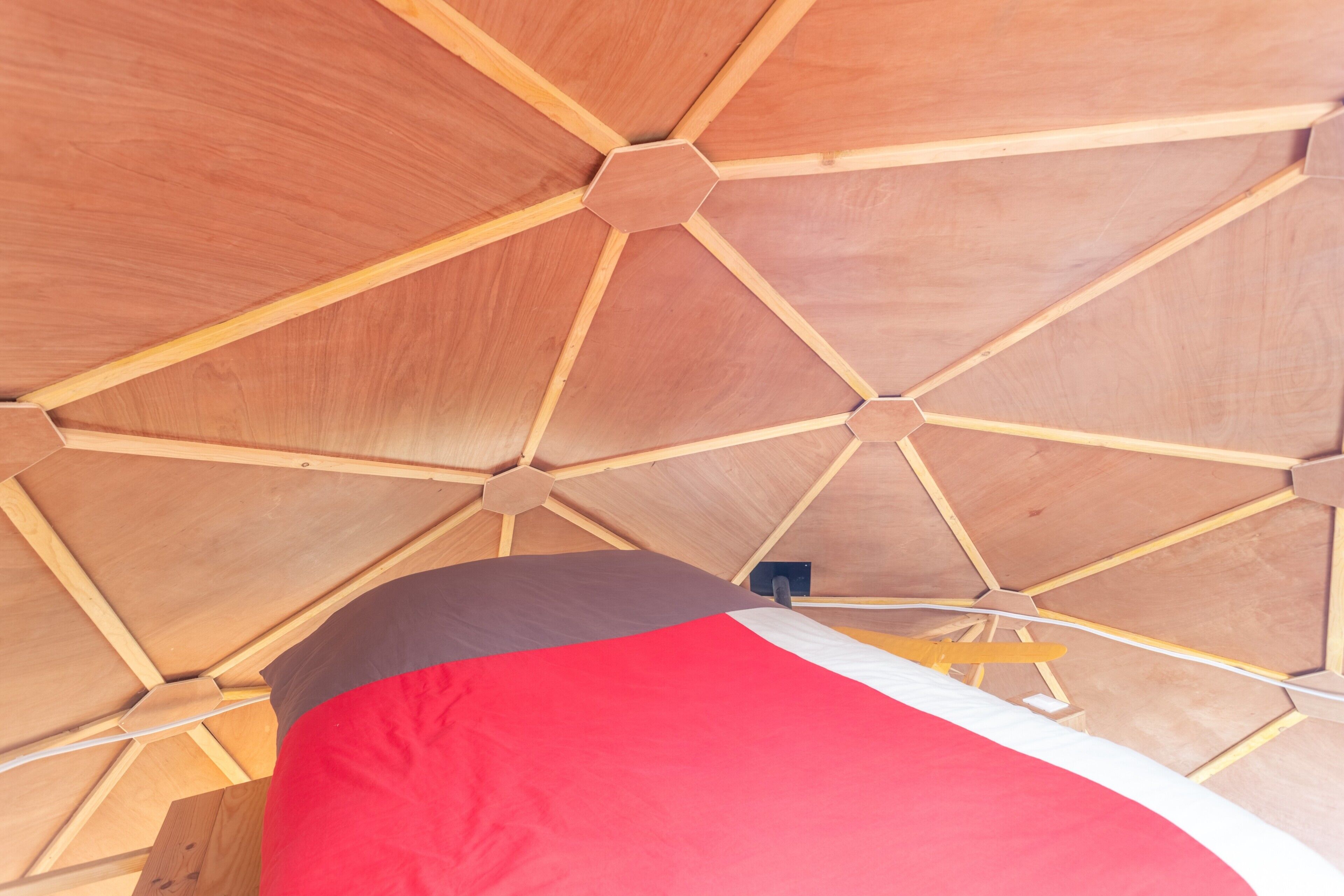 A geometric wooden ceiling structure with a central hexagonal design.