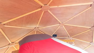 A geometric wooden ceiling structure with a central hexagonal design.