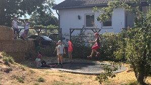 A residential setting with a house, a trampoline, and children playing.
