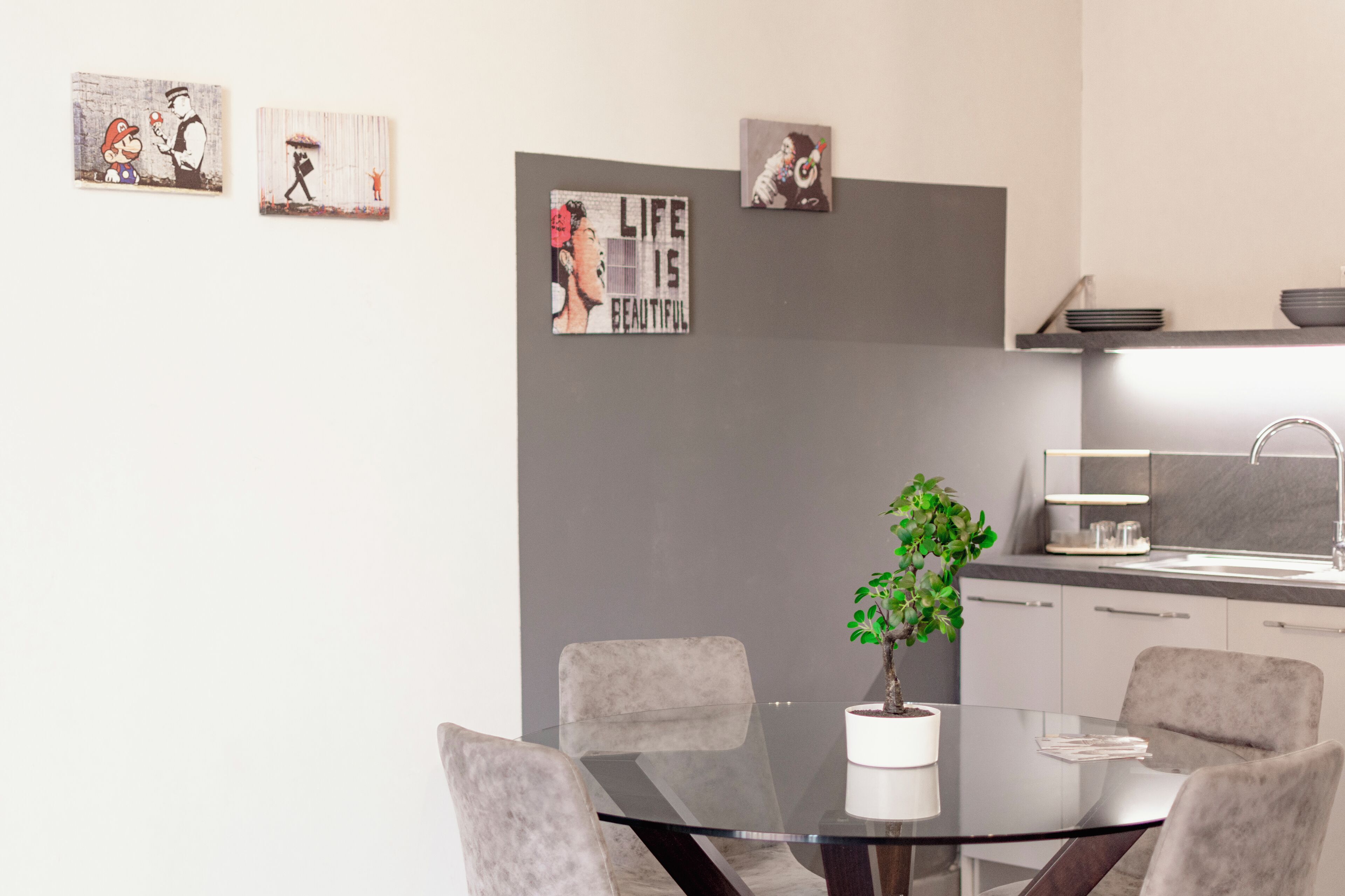 Une cuisine moderne avec une table à manger en verre, des chaises grises et une plante en pot.