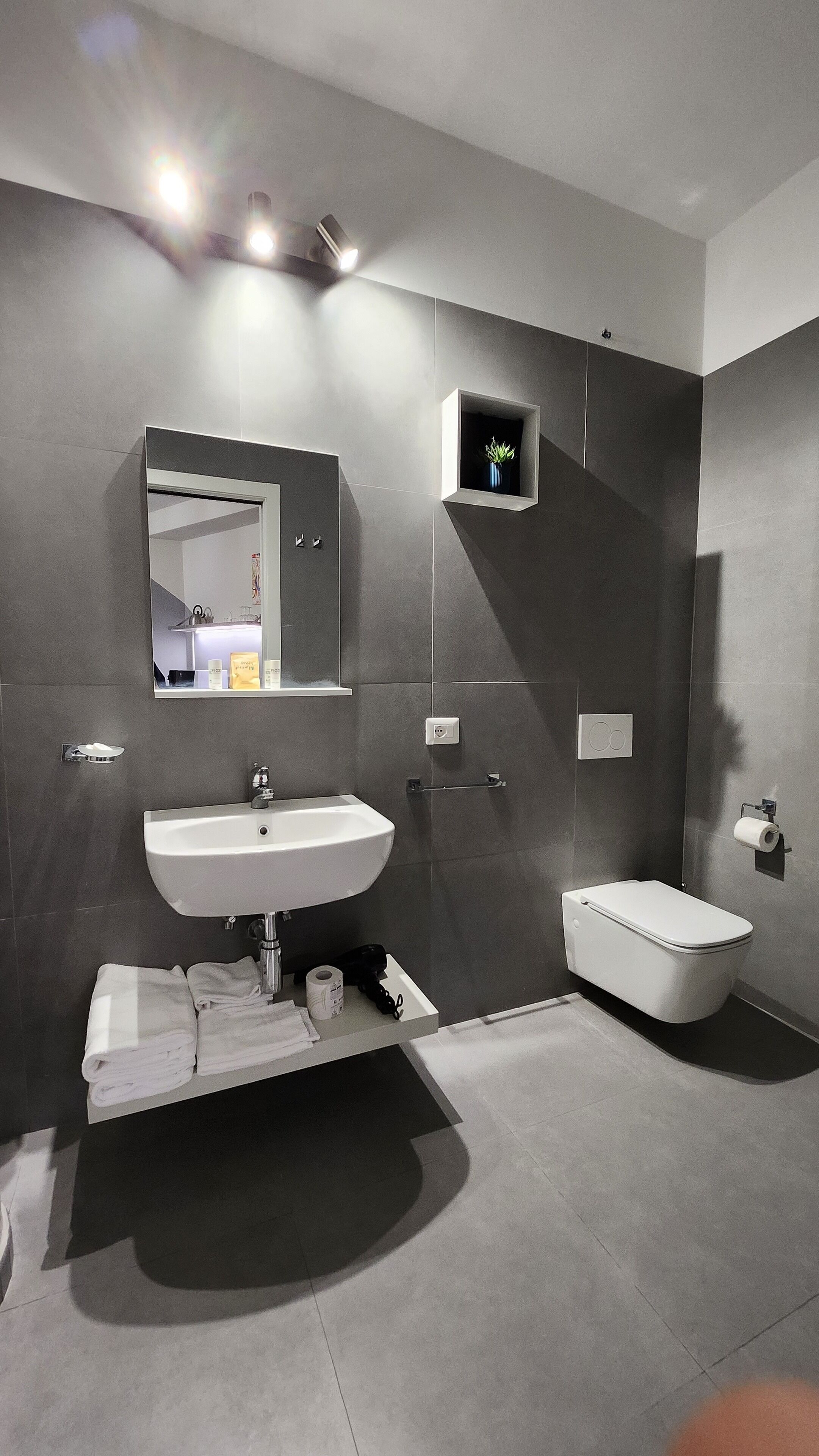 A modern bathroom with a large sink, a toilet, and a mirror.