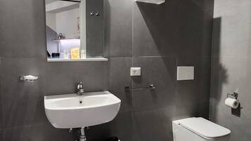 Un baño moderno con un lavamanos grande, un inodoro y un espejo.
