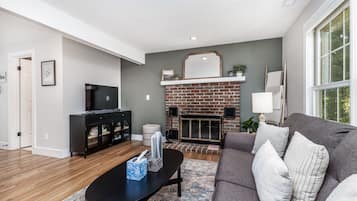 TV, fireplace, music library